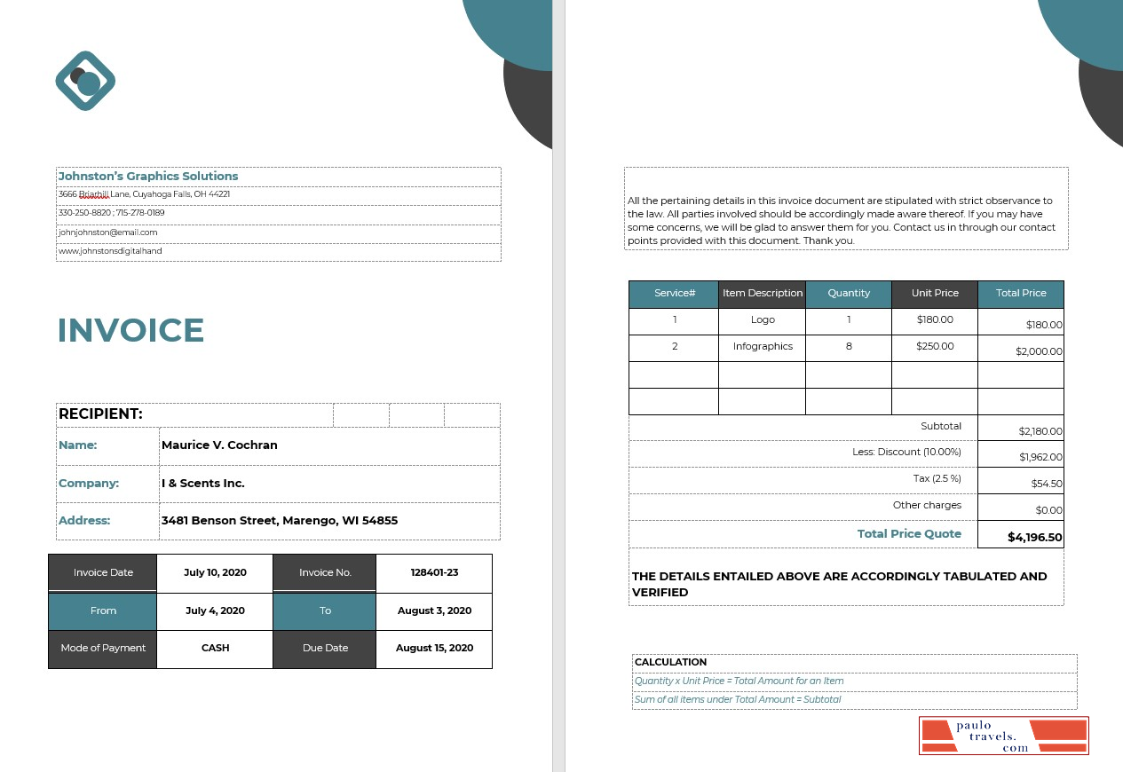 Self Employed Invoice Template PSD template